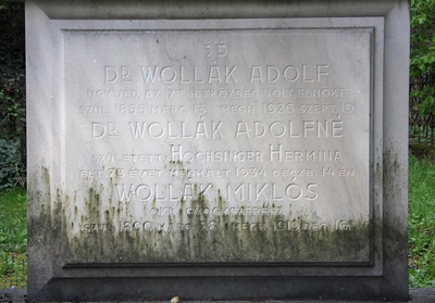 Dr. Wollák Adolf
<br />ügyvéd az izr. hitközség volt elnöke
<br />szül. 1855 márc. 13.
<br />megh. 1926 szept. 19.
<br />
<br />Dr. Wollák Adolfné
<br />született Hochsinger Hermina
<br />élt 73 évet, meghalt 1934 deczb. 14 én
<br />
<br />Wollák Miklós
<br />okl. gyógyszerész
<br />szül. 1890, márc. 28.
<br />megh. 1919, dec. 16.