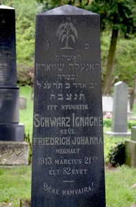 Itt nyugszik
<br />Schwarz Ignácné
<br />szül. Friedrich Johanna
<br />meghalt 1913. március 21én
<br />élt 82 évet.
<br />
<br />Béke hamvaira!