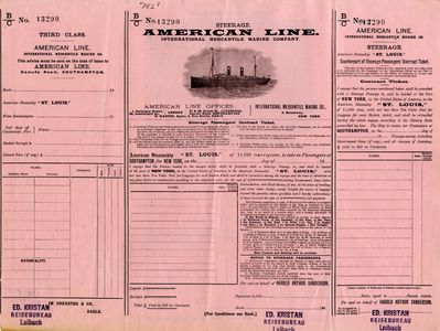 Prva stran obrazca pogodbe za nakup vozovnice pri družbi American Line, ki jo je izdajal agent Edvard Šmarda v Ljubljani.