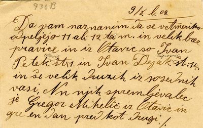 Ovadba o odhodu skupine izseljencev, ki jo je na dopisnici z datumom 9. 5. 1902, žandarmerijski postaji v Ribnici poslal anonimni pisec.