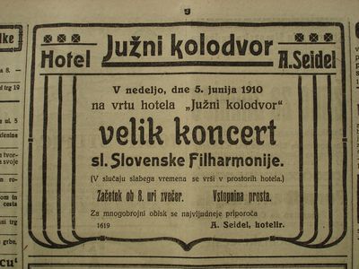 Časopisni oglas za koncert v hotelu Južni kolodvor (1910).