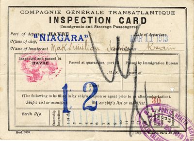 Prva stran potrdila zdravstvene inšpekcije Compagnie Générale Transatlantique v Le Havru, ki ga je dobil potnik Maksimilian Semich pred vkrcanjem na parnik Niagara v Le Havru. Datum odhoda je 11. marec 1913, prihoda na Ellis Island v New Yorku pa 24. marec.