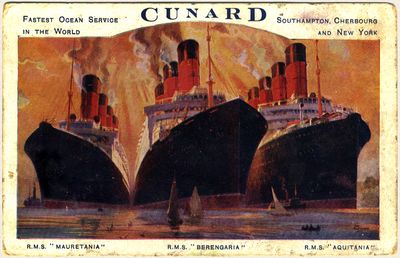 Cunard: najhitrejša pot na svetu iz pristanišč Southampton, Cherbourg in New York na parnikih Mauretania, Berengaria in Aquitania.
