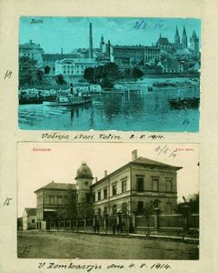 14 - Razglednica Kolina. Podpis: Vožnja skozi Kolin, 2.8. 1914
15 - Razglednica ljudske šole v Dombováru, 4.8. 1914