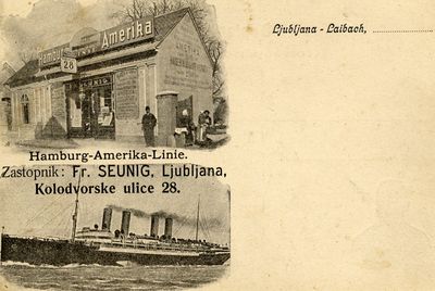 Reklamna razglednica izseljenske pisarne Frana Seuniga za ladijsko družbo Hamburg-Amerika-Linie.