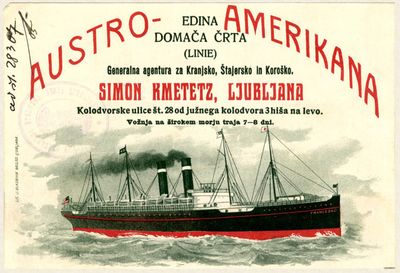 Razglednica družbe Austro - Americana, edine avstrijske ladijske družbe s sedežem v Trstu.