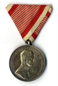 Tapferkeits Medaille - srebrna medalja za pogum 1.razreda. Na sprednji  strani je napis "CAROLVaS D.G. IMP. AVST. REX BOH. ETC. ET REX APOST. HVNG.", na hrbtni pa "FORTITVDINI".