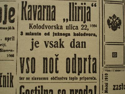 Časopisni oglas za kavarno Ilirija v Kolodvorski ulici (1910).