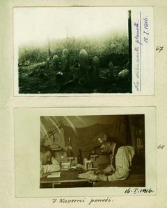 67 - Fotografija ostankov vojaškega materiala na Doberdobski planoti, 15.1. 1916
68 - C. Prestor s tovarišem v kaverni, 16.1. 1916