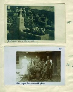 215 - Vojaški grob na vojaškem pokopališču v Gorjanskem
216 - Skupinska fotografija Presorjeve enote v družbi harmonike, Gorjansko