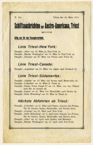 Reklamni seznam linij te družbe iz Trsta v New York, Kanado in Južno Ameriko, datiran 22. marca 1913.