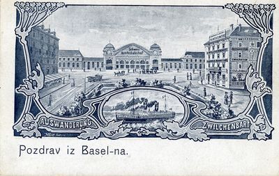 Reklamna razglednica trga pred železniškim kolodvorom v Baslu, kjer na desni vidimo glavno agenturo ladijske družbe Compagnie Générale Transatlantique. Na stavbi omenjene družbe je med drugimi napis v slovenščini: »Izseljevanje«.