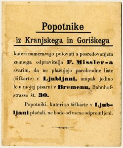 Prva stran s podobo F. Misslerja, Bremen, Bahnhofstrasse 30, na zadnji strani sporočilo izseljencem iz Kranjske in Goriške. Missler svetuje, naj ne kupujejo vozovnic v Ljubljani, ampak pri njemu v Bremnu.