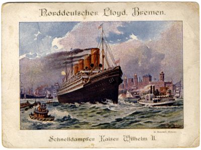 Reklamna ponudba Norddeutscher Lloyd iz Bremna za pot s hitrim parnikom Kaiser Wilhelm II. in drugimi parniki te družbe. Iz Ljubljane so potniki odhajali vsak torek, četrtek in soboto, plovba čez Atlantik naj bi trajala 5 do 6 dni.