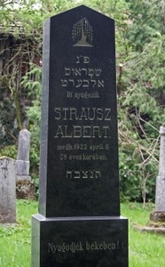 Itt nyugszik
<br />Strausz Albert
<br />megh. 1922 april. 9.
<br />78 éves korában.
<br />
<br />Nyugodjek békében!