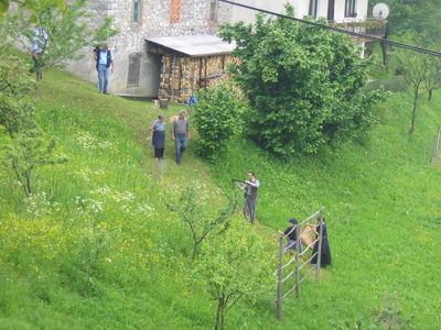 Kosci in grabljice pred začetkom dela na travniku, Srednje (D528)