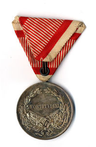 Tapferkeits Medaille - srebrna medalja za pogum 1.razreda. Na sprednji  strani je napis "CAROLVaS D.G. IMP. AVST. REX BOH. ETC. ET REX APOST. HVNG.", na hrbtni pa "FORTITVDINI".(Hrbtna stran)
